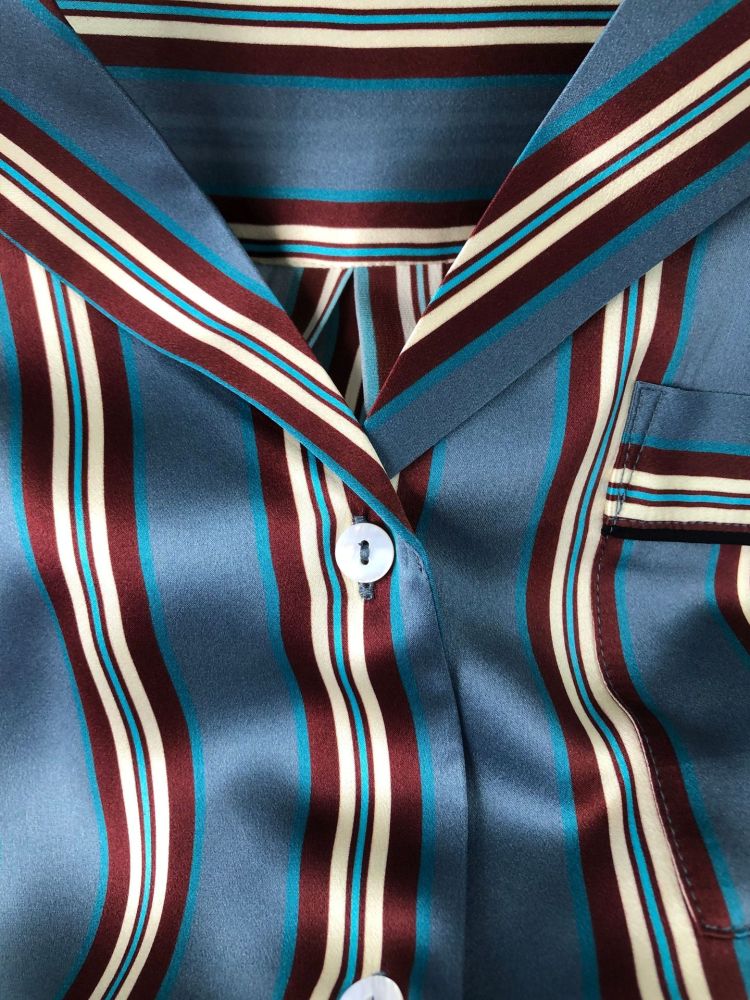 Silk Satin Striped Nightshirt Shirt Wide-Leg Pants Blue
