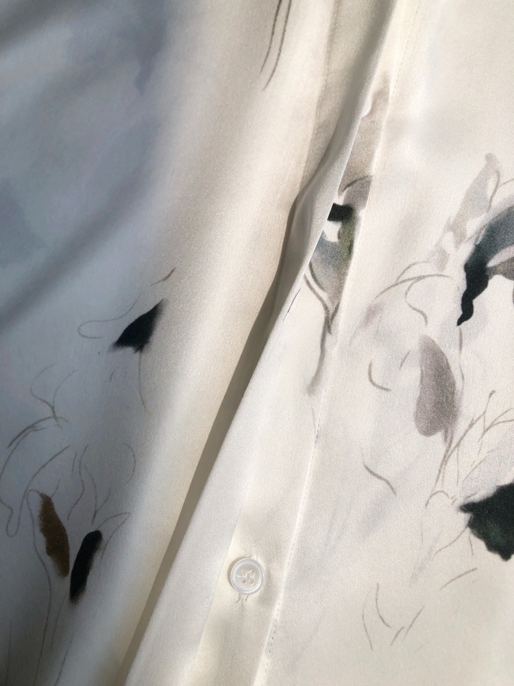 Ink-Dyed Iris Elegant Print Washed Plain Crepe Satin Silk Small Pointed Collar Long-Sleeve Shirt