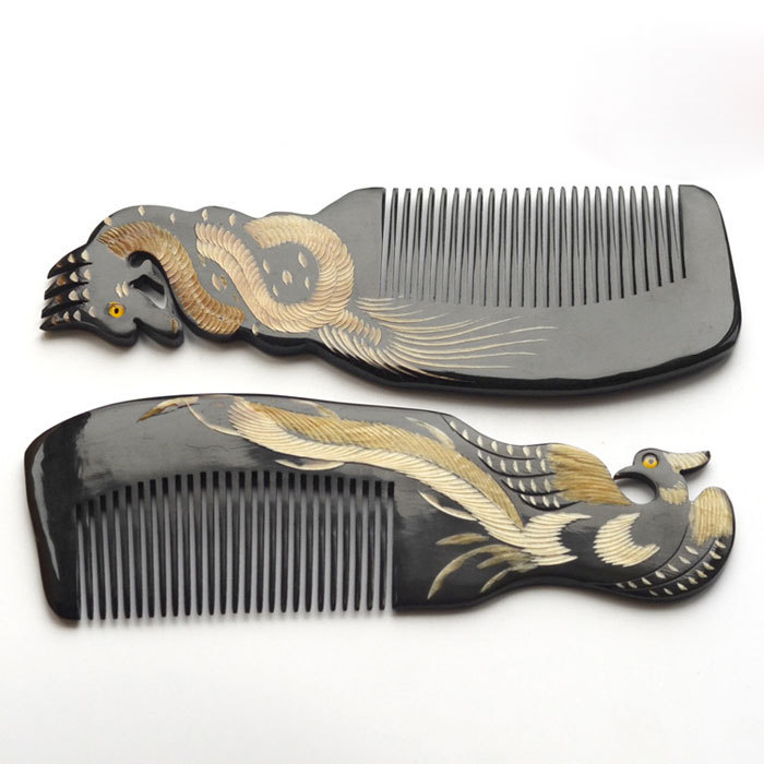 One side carved dragon phoenix water ox horn comb
