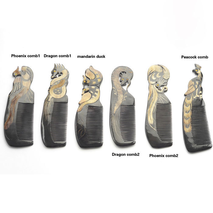 One side carved dragon phoenix water ox horn comb