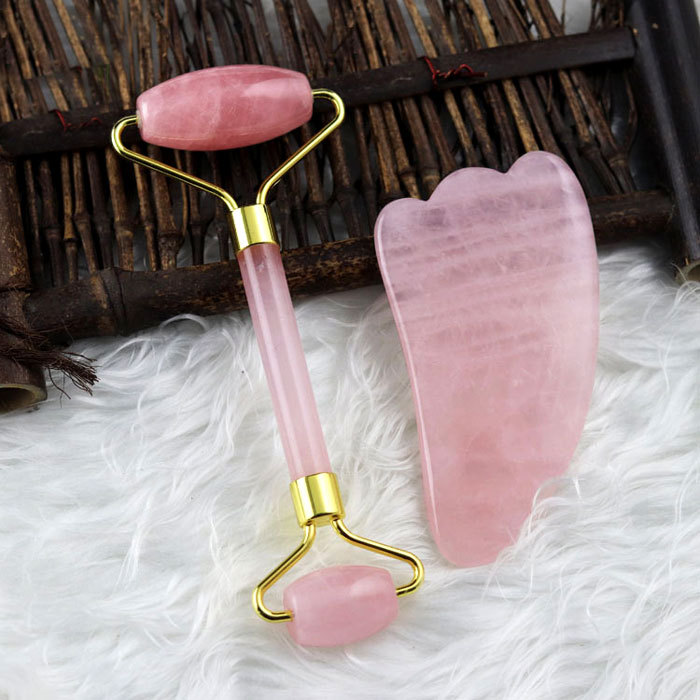 Natural pink crystal massage tool set with gift box