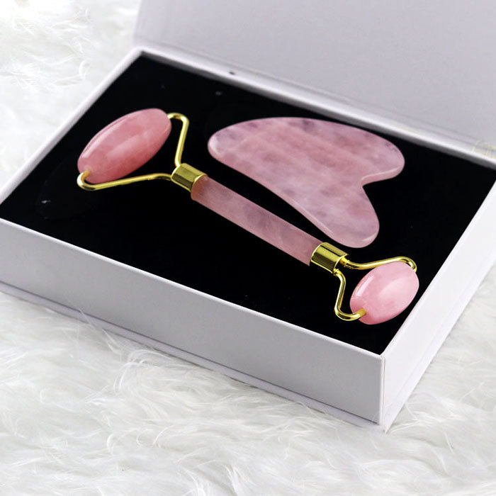 Natural pink crystal massage tool set with gift box