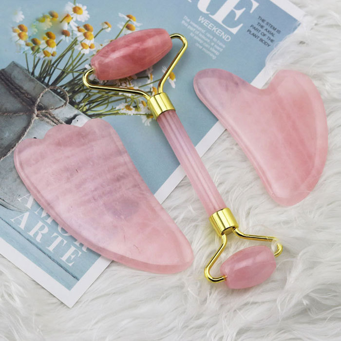 Natural pink crystal massage tool set with gift box