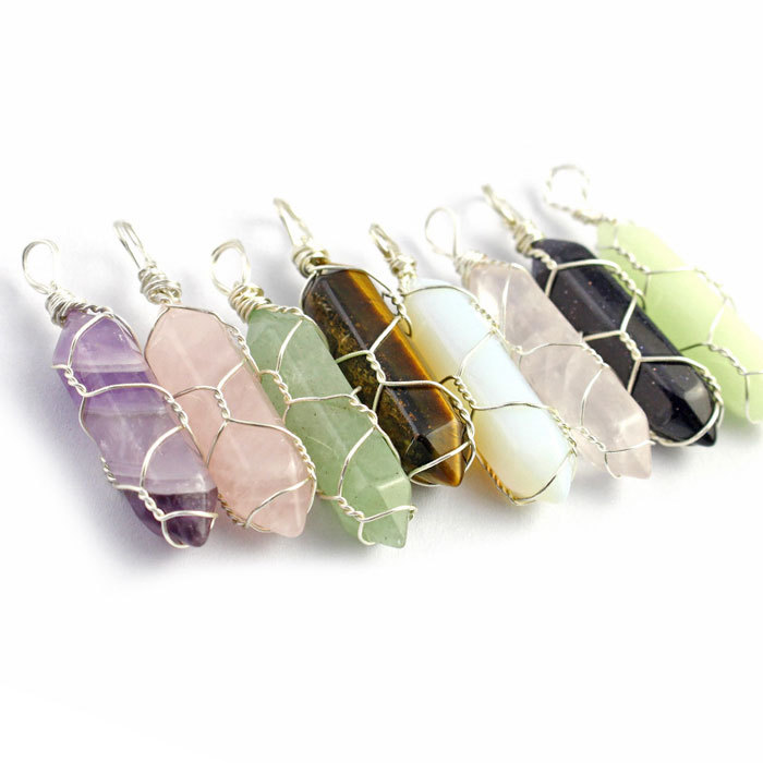 Natural stone wrapped around line hexagon column pendant