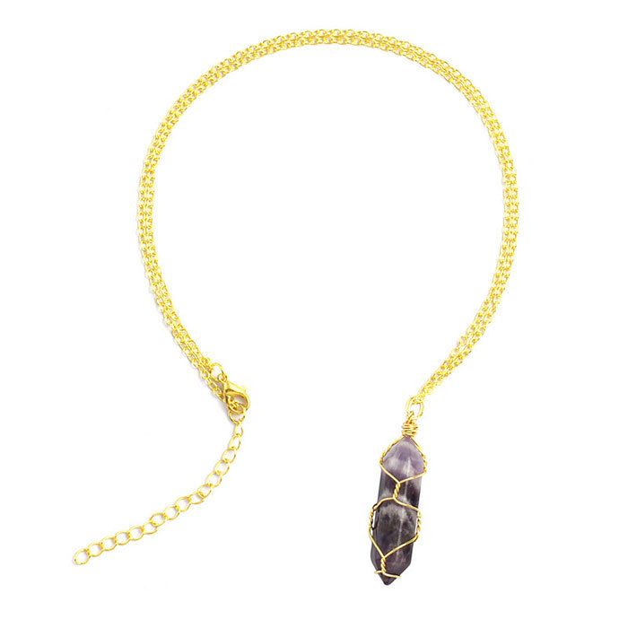 Natural stone wrapped around line hexagon column necklace