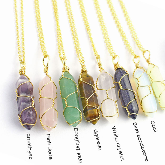 Natural stone wrapped around line hexagon column necklace