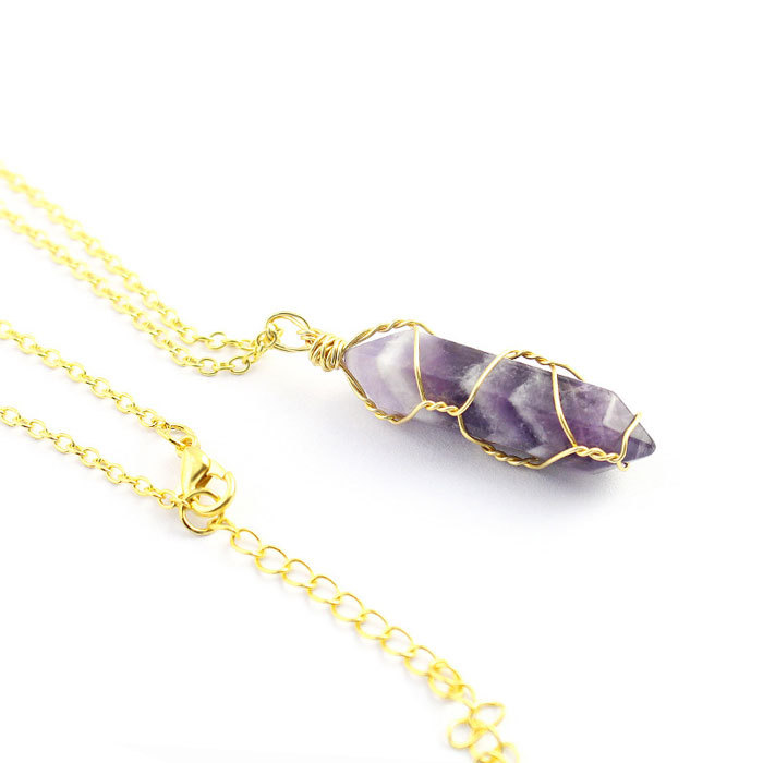 Natural stone wrapped around line hexagon column necklace