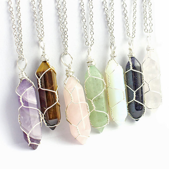 Natural stone wrapped around line hexagon column necklace