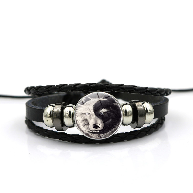 black lether time gem woven bracelet-Tai Chi wolf