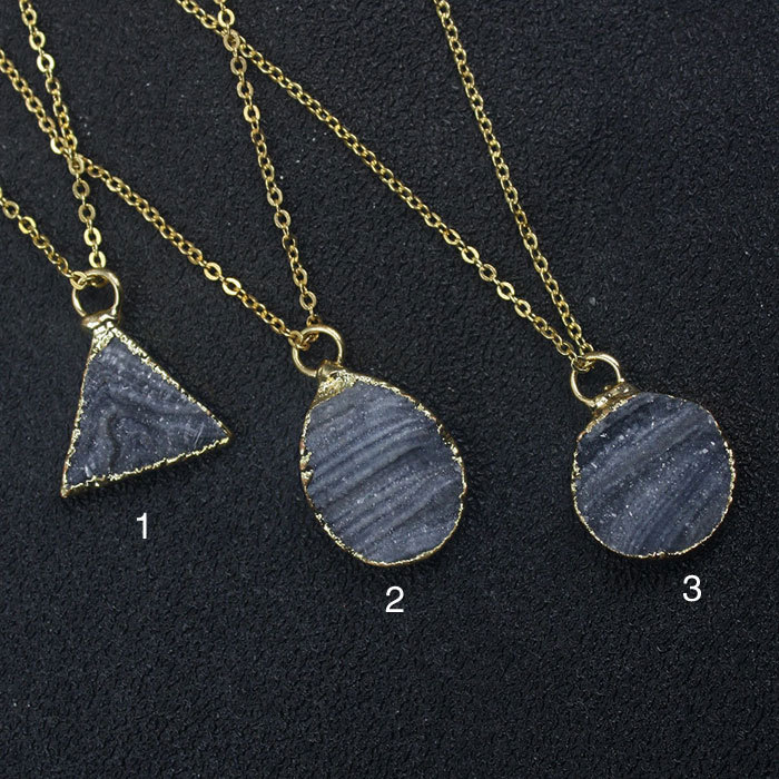 Brazilian Agate Crystal Gold edge Pendant Necklace