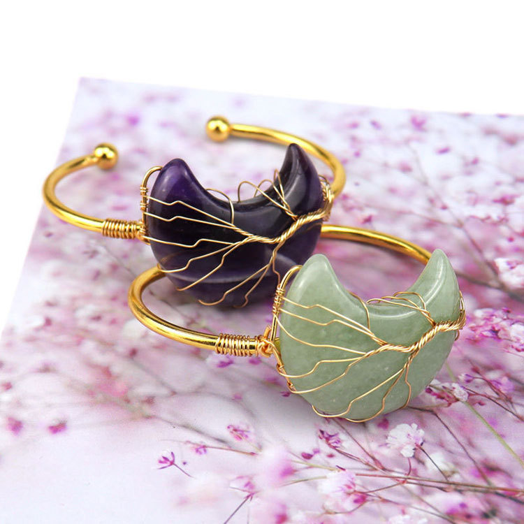 Gold copper wire wound Life Tree natural stone moon Bracelet
