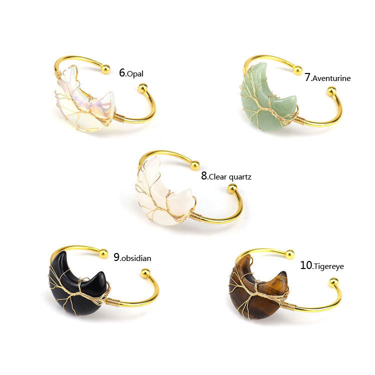 Gold copper wire wound Life Tree natural stone moon Bracelet