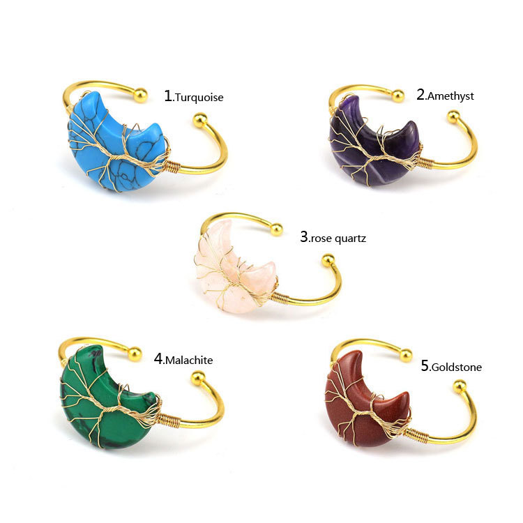 Gold copper wire wound Life Tree natural stone moon Bracelet