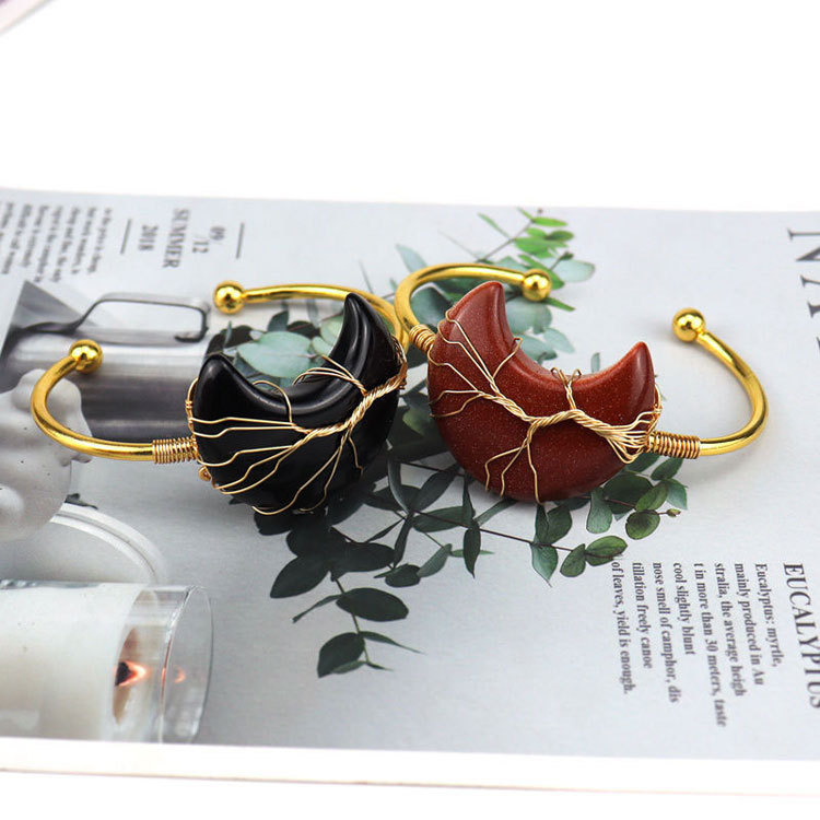 Gold copper wire wound Life Tree natural stone moon Bracelet