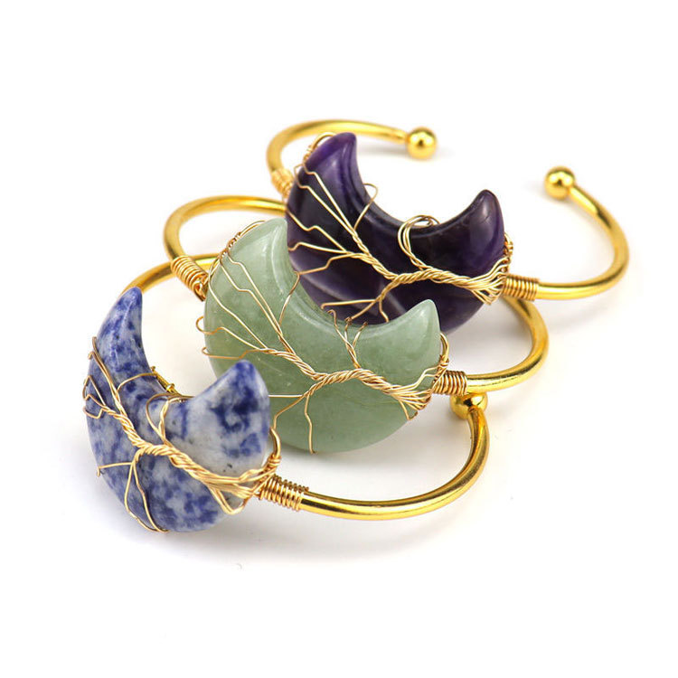 Gold copper wire wound Life Tree natural stone moon Bracelet