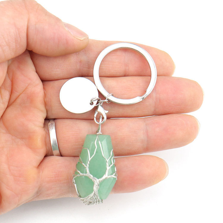 Silvery coffin shape natural stone life tree key chain