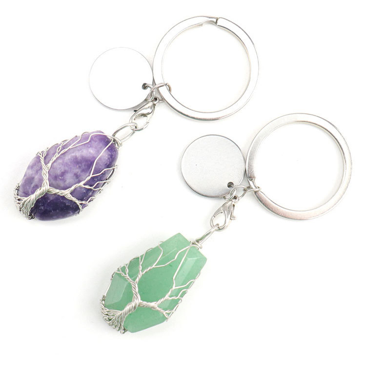 Silvery coffin shape natural stone life tree key chain