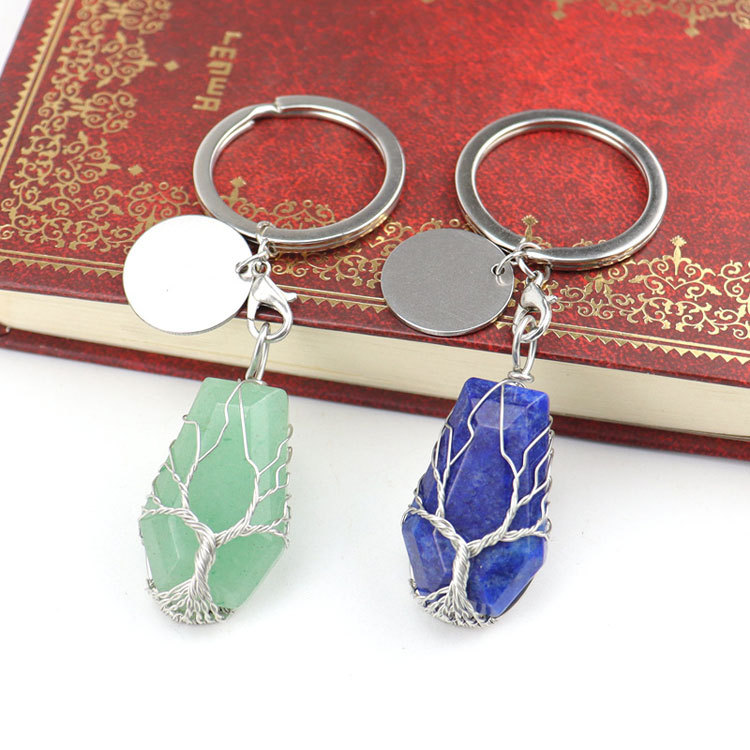 Silvery coffin shape natural stone life tree key chain
