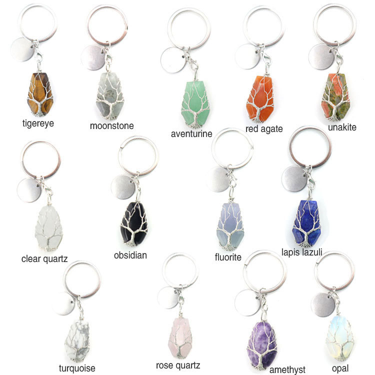 Silvery coffin shape natural stone life tree key chain