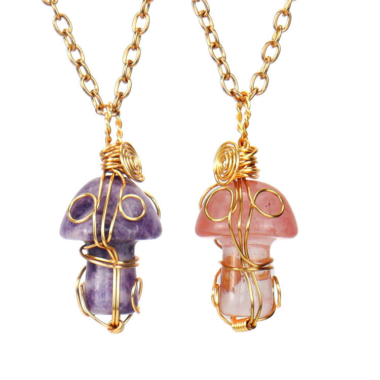 Golden hand wound natural stone small mushroom pendant necklace