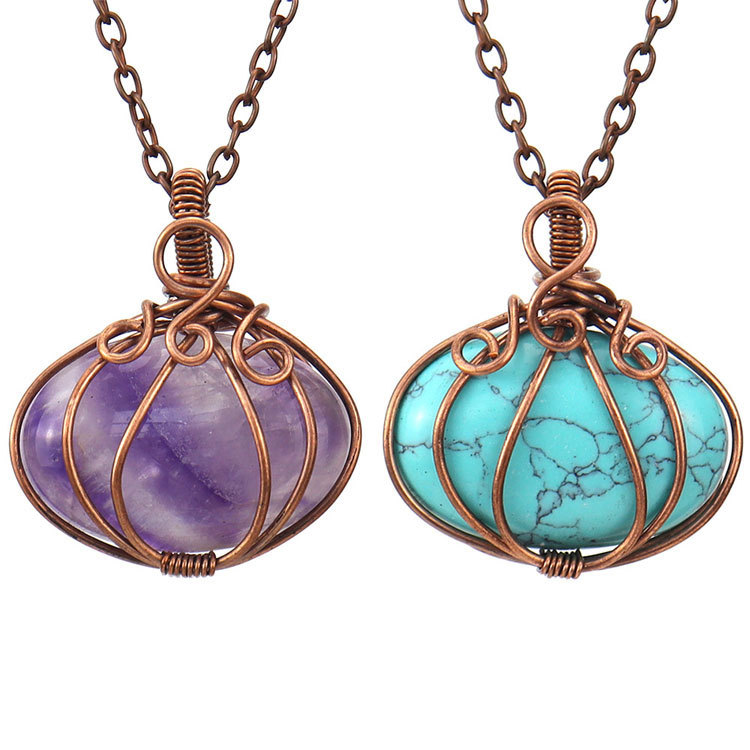 Bronze hand wrapped natural stone pumpkin shape pendant Necklace