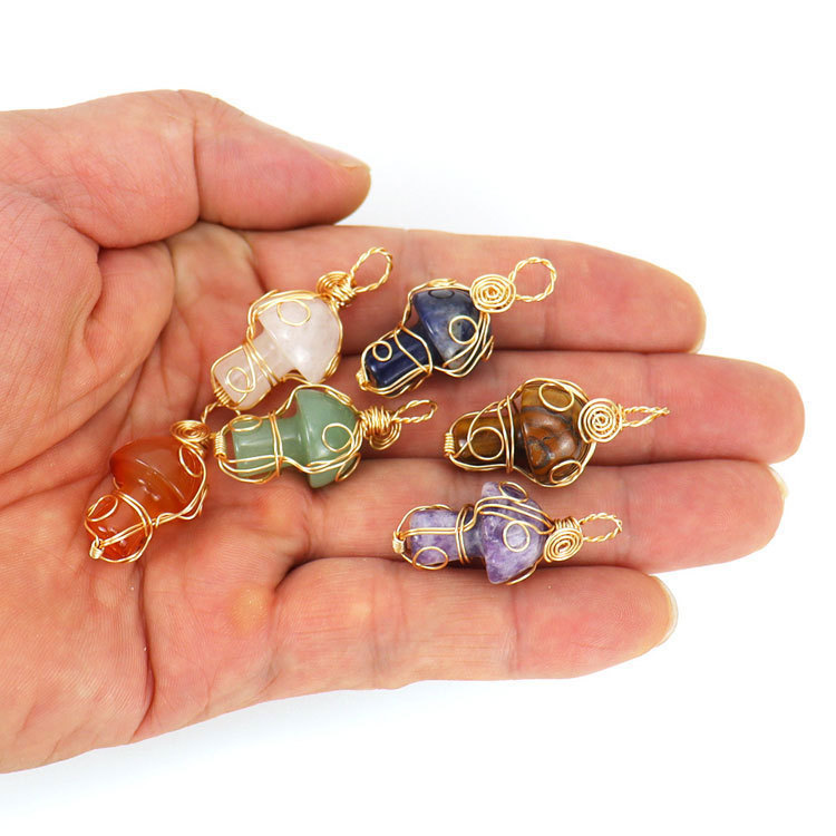 Golden hand wound natural stone small mushroom pendant necklace