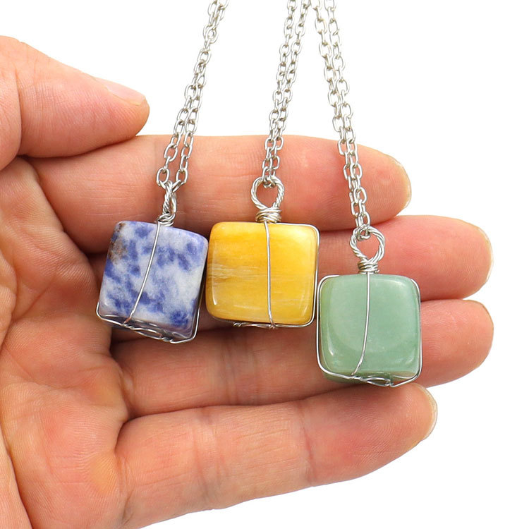 Gold Winding Square Stone Pendant Necklace