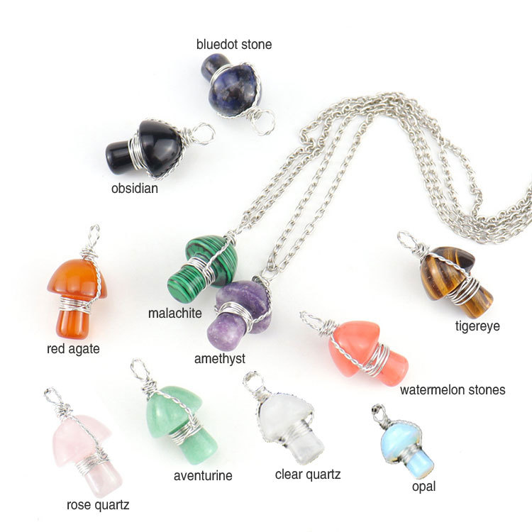 Golden hand wound natural stone small mushroom pendant necklace