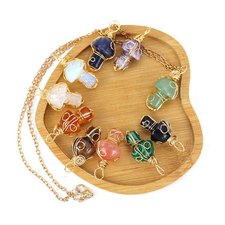 Golden hand wound natural stone small mushroom pendant necklace