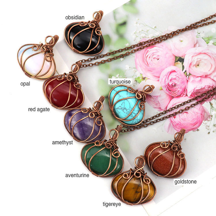 Bronze hand wrapped natural stone pumpkin shape pendant Necklace