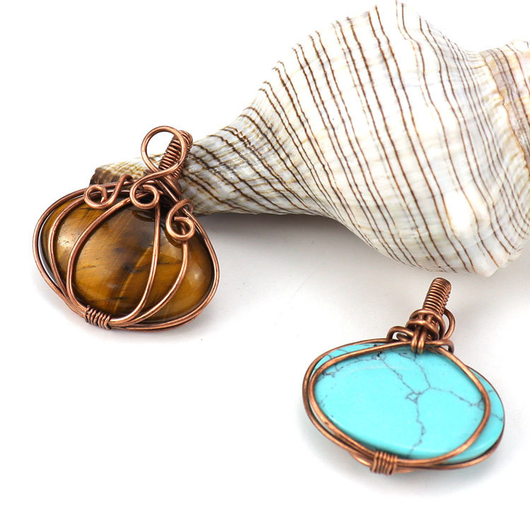 Bronze hand wrapped natural stone pumpkin shape pendant Necklace