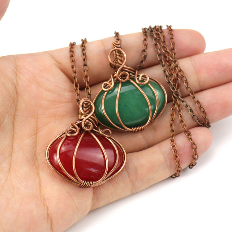 Bronze hand wrapped natural stone pumpkin shape pendant Necklace