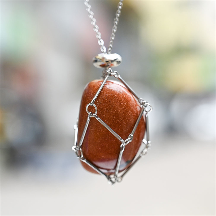 Natural Crystal Mesh Pocket Metal Bamboo Necklace