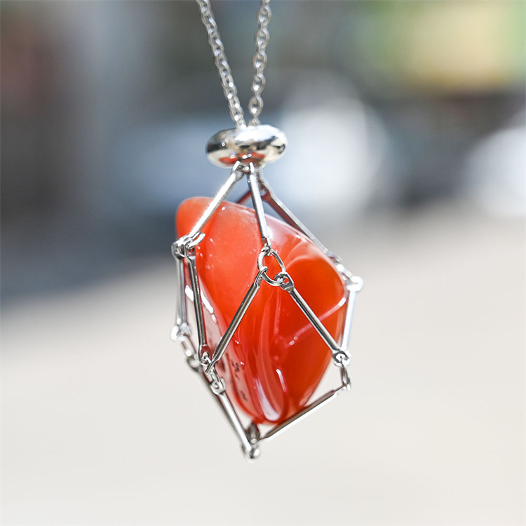 Natural Crystal Mesh Pocket Metal Bamboo Necklace