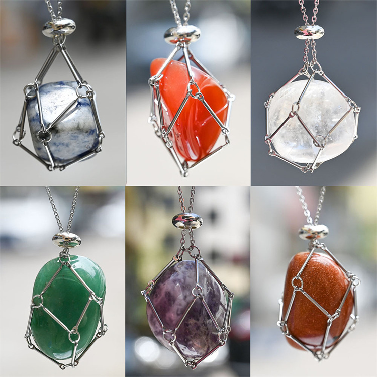 Natural Crystal Mesh Pocket Metal Bamboo Necklace