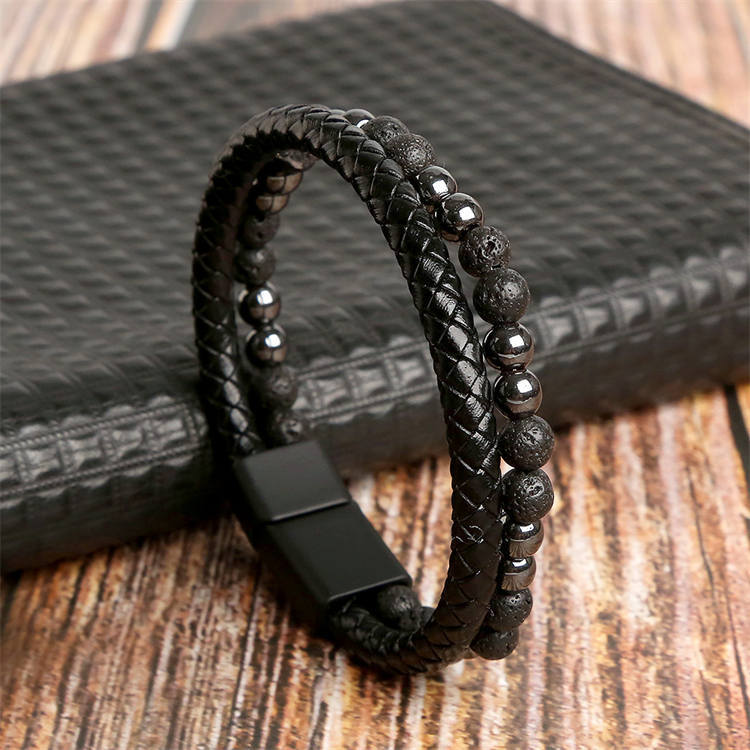 Natural Stone Men's Leather Braided Bracelet