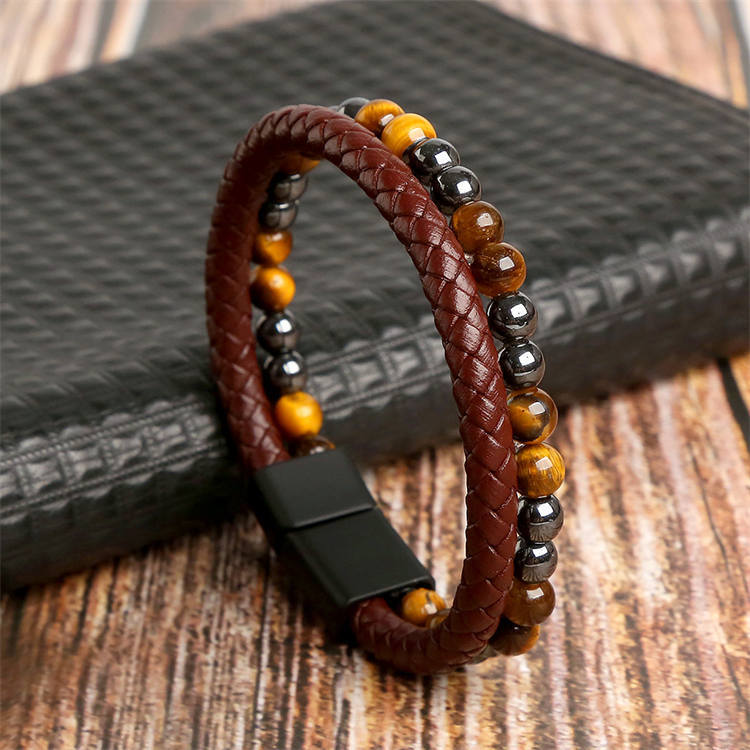 Natural Stone Men's Leather Braided Bracelet