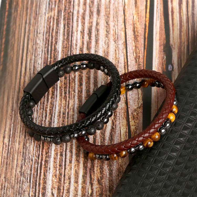 Natural Stone Men's Leather Braided Bracelet