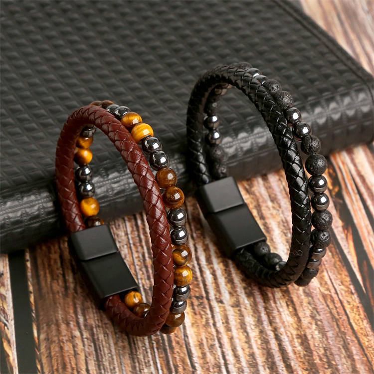 Natural Stone Men's Leather Braided Bracelet