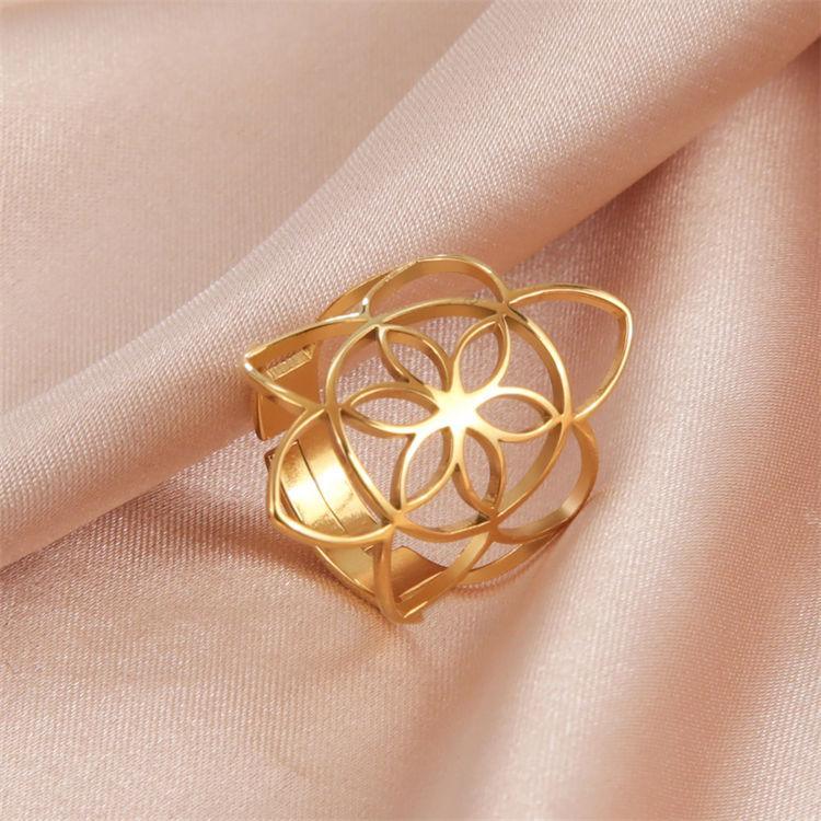 titanium steel six petals flower Adjustable Ring