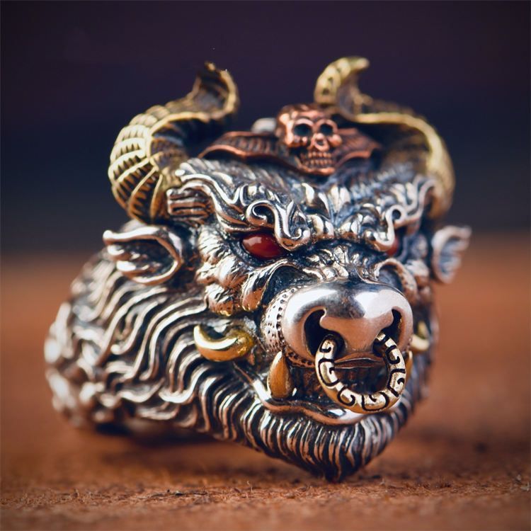 S925 men's bull head ring