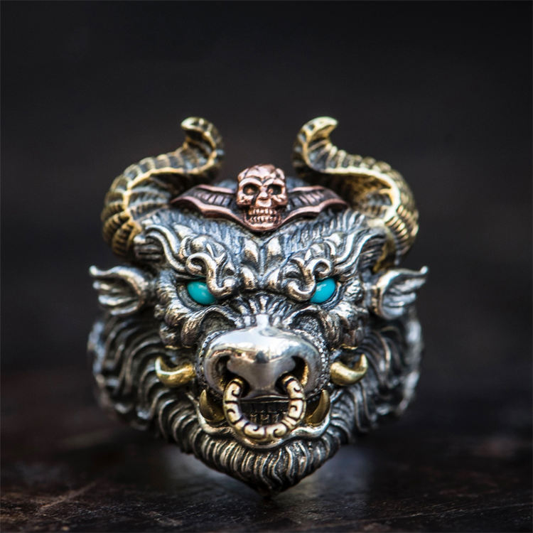 S925 men's bull head ring