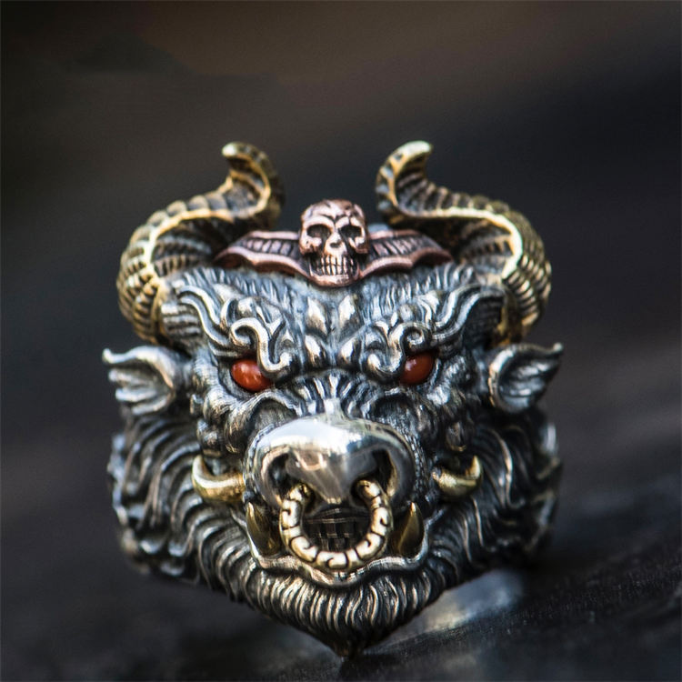 S925 men's bull head ring