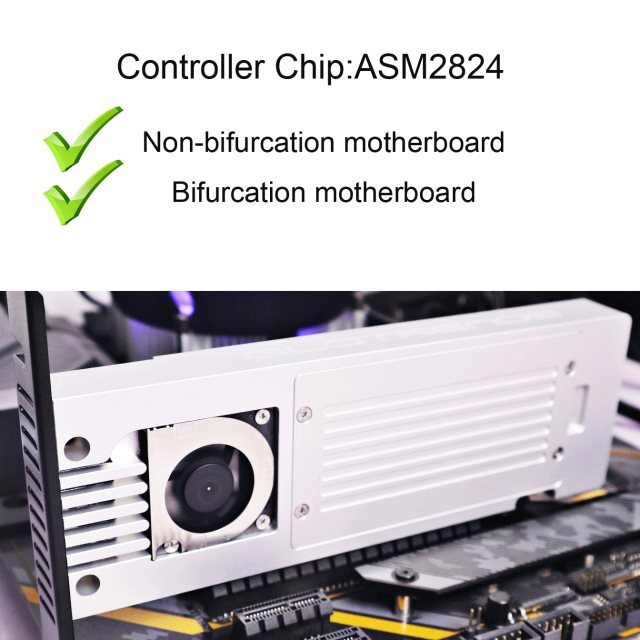 GLOTRENDS 4-Bay M.2 NVME Adapter, Support Non-Bifurcation Motherboard, Soft RAID, PCIE 3.0 X8 Bandwidth, Full Aluminum Panel with Built-in Fan