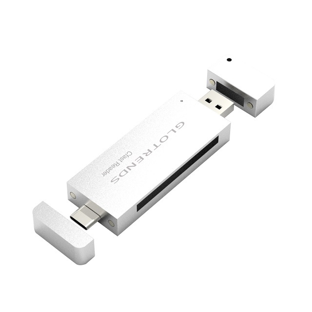 GLOTRENDS CFast 2.0 Card Reader 10Gbps Chip with USB C and USB A Port, Full Aluminum Case Silver Color