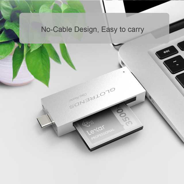 GLOTRENDS CFast 2.0 Card Reader 10Gbps Chip with USB C and USB A Port, Full Aluminum Case Silver Color
