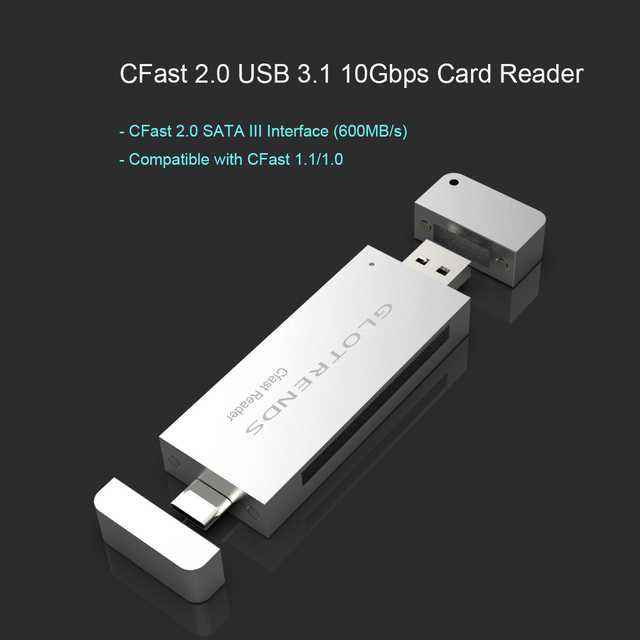 GLOTRENDS CFast 2.0 Card Reader 10Gbps Chip with USB C and USB A Port, Full Aluminum Case Silver Color
