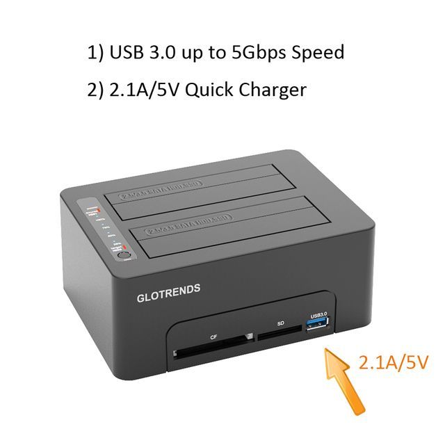 GLOTRENDS Multifunction Standalone 1:1 Hard Drive Duplicator, CF/SD Reader, USB 3.0 Hub with Quick Charger