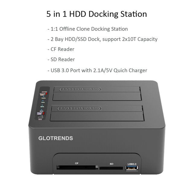 GLOTRENDS Multifunction Standalone 1:1 Hard Drive Duplicator, CF/SD Reader, USB 3.0 Hub with Quick Charger