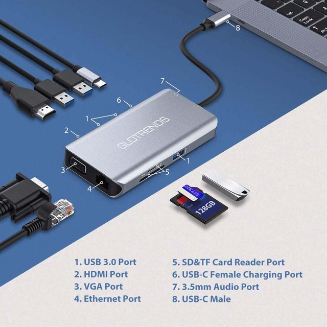 10-in-1 USB C Hub with Ethernet, 4K@30Hz HDMI, VGA, 3 USB3.0, SD/TF Card Reader, Mic, USB-C PD 3.0, Compatible for MacBook Air Pro and Other Type C La